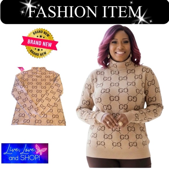 Source Unknown Tops - SWEATER: Beige & Brown Stretchy Turtleneck w/Long Sleeves, NWT